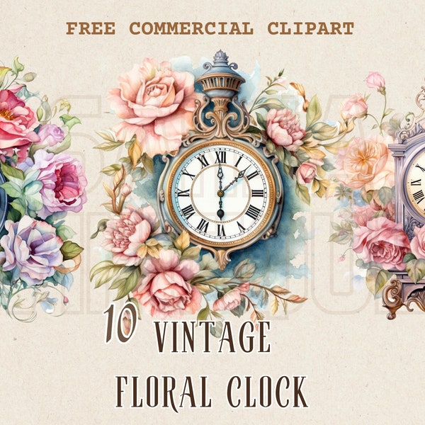 Vintage floral clock watercolor clipart, Classic flower clock free commercial PNG set, retro timepiece illustration, Antique timepiece art