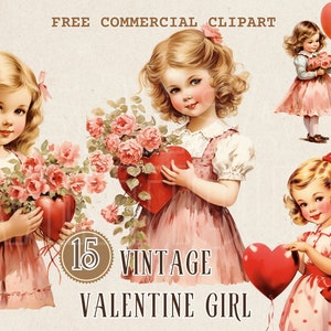Vintage Valentines Kid aquarel clipart, retro meisje met bloem gratis commerciële PNG, retro hart illustratie voor Valentijnsdag kaart