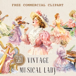 Vintage muzikale dame aquarel clipart, Victoriaanse vrouw speelt viool, piano, gitaar, fluit, harp gratis commerciële PNG set, dame zangkunst