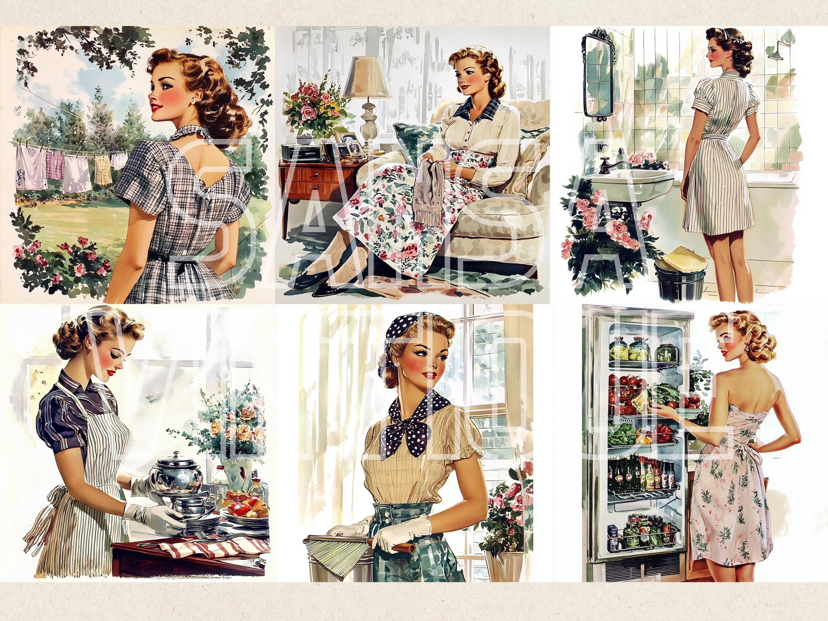 Vintage Housewife 1950s Watercolor Clipart, Retro Homemaker Free ...