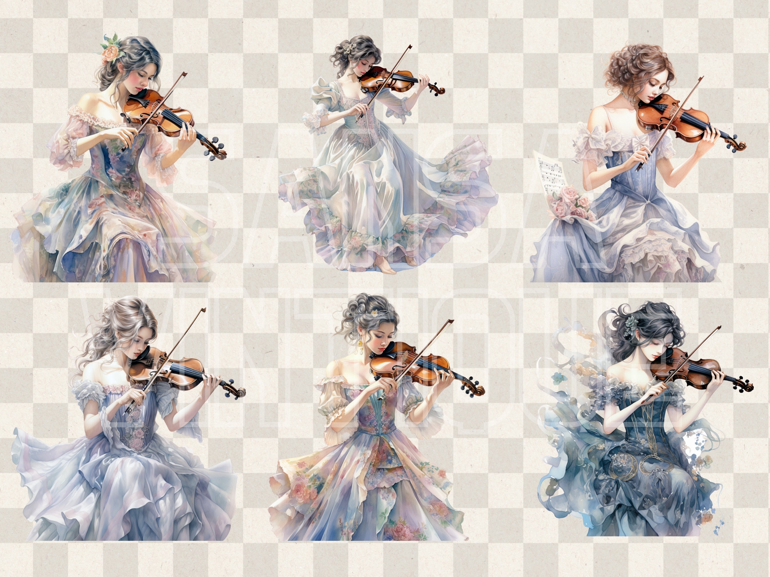Vintage Lady Playing Violin Watercolor Clipart, Retro Playing Music ...
