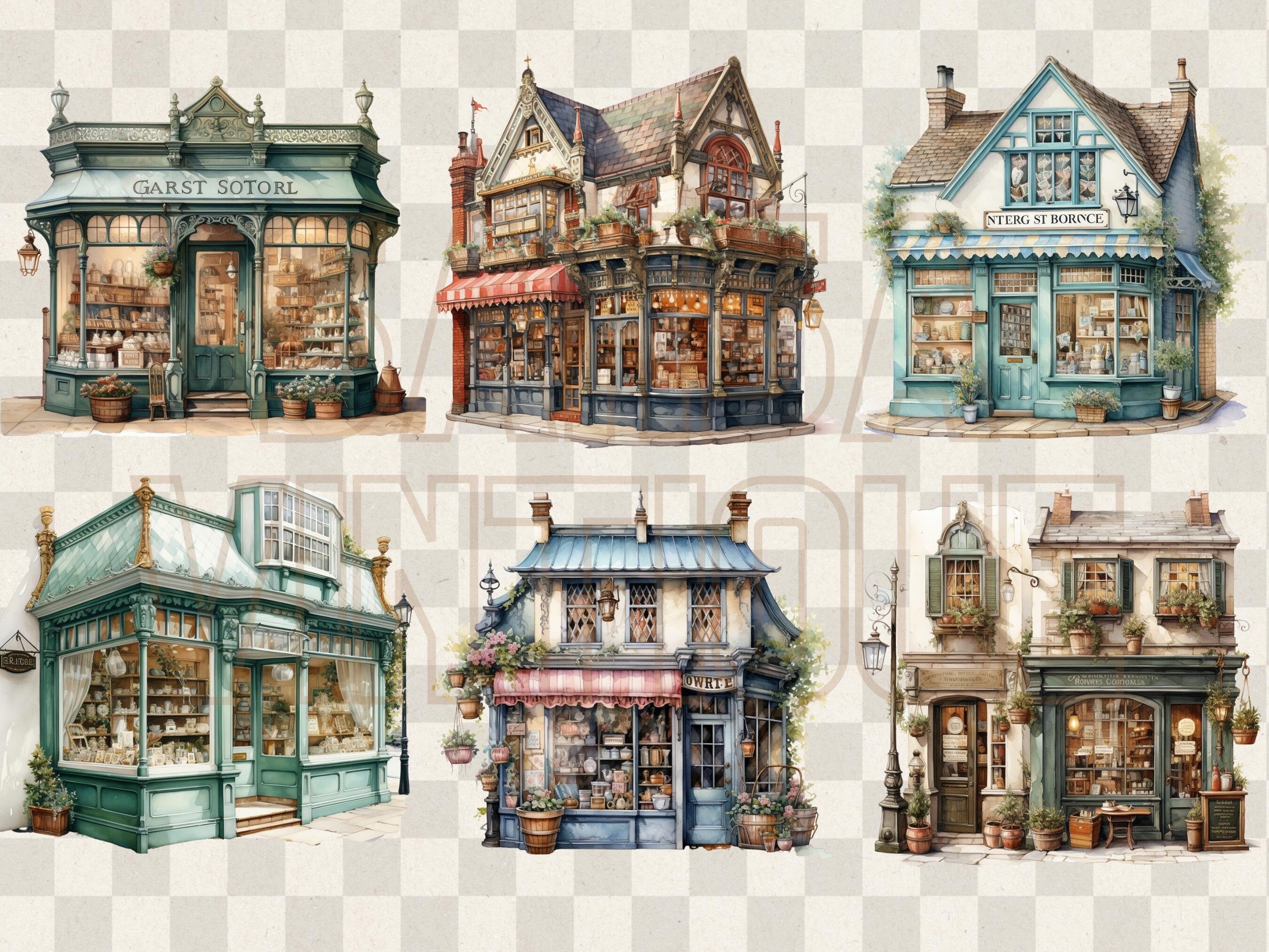 Vintage Storefront Watercolor Clipart, Retro Shop Facade Free ...