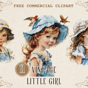 Vintage meisje aquarel clipart, Floral Kid gratis commerciële PNG, Retro meisje en vogel illustratie, Junk journal graphic, cottagecore