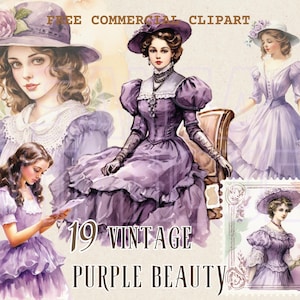 Vintage lady in purple watercolor clipart, Victorian woman in lilac attire free commercial PNG set, retro woman portrait in purple fashion