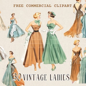 Lata 50. moda dama akwarela clipart, Retro moda dama darmowy zestaw reklam PNG, ilustracja fashionistki lat 50., Vintage dama w sukienkach