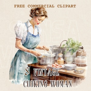 Vintage woman cooking watercolor clipart set, Retro Culinary Lady free commercial PNG bundle Classic old woman cooking illustration