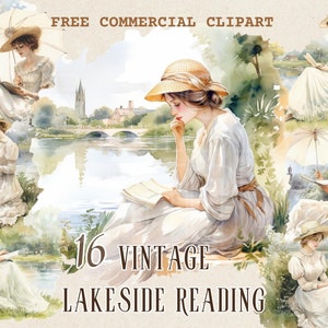 Vintage lady reading watercolor clipart, Retro Reading by lake free commercial PNG set, Classic Book Lover, woman with book for journal