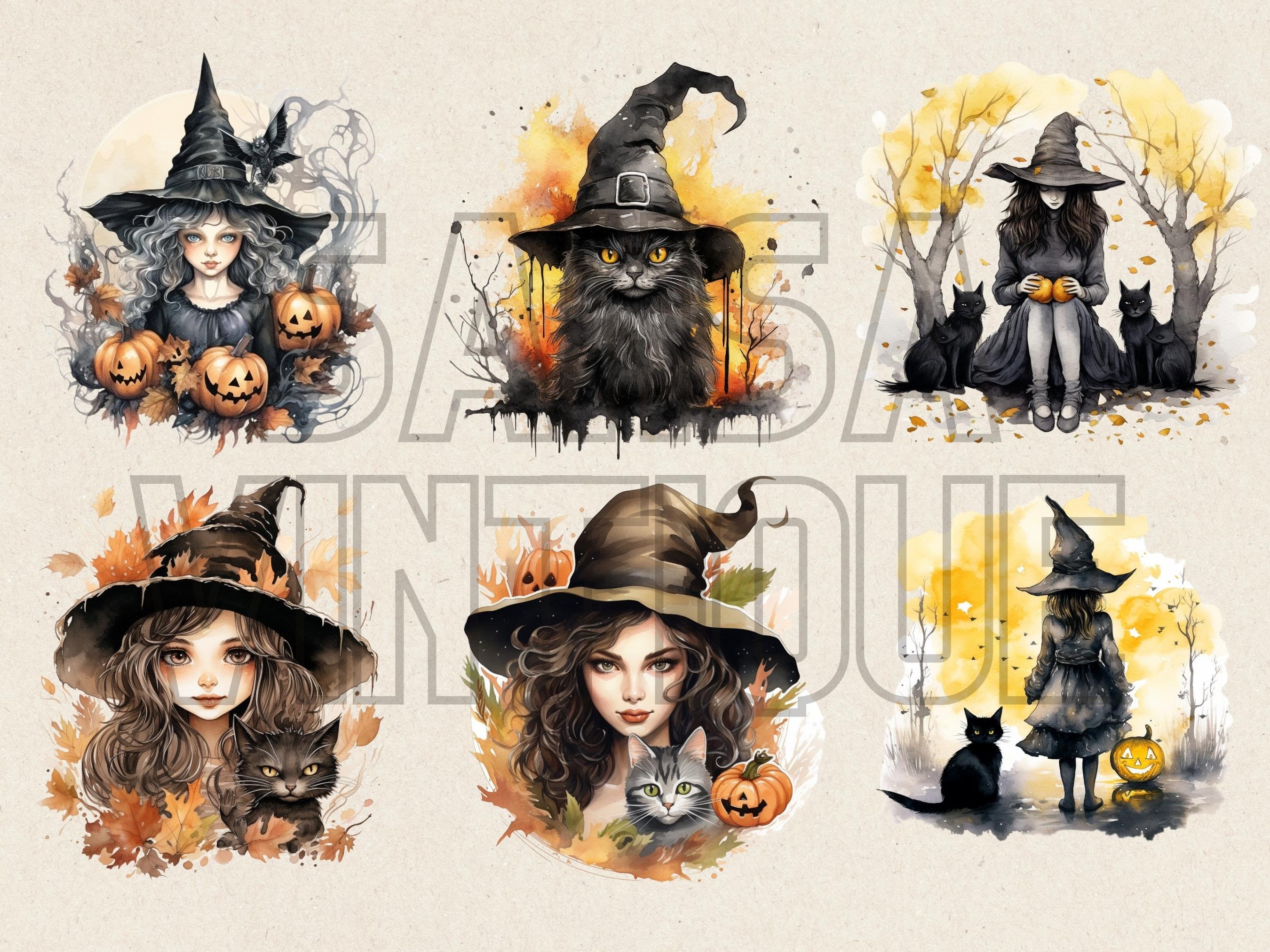 Halloween Witch and Black Cat Watercolor Clipart Bundle - Etsy