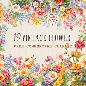 Vintage flower bush watercolor clipart, Retro floral arrangement free commercial PNG set, Nostalgic Blossom illustration, Vintage Floral Art