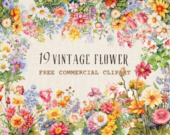 Vintage flower bush watercolor clipart, Retro floral arrangement free commercial PNG set, Nostalgic Blossom illustration, Vintage Floral Art