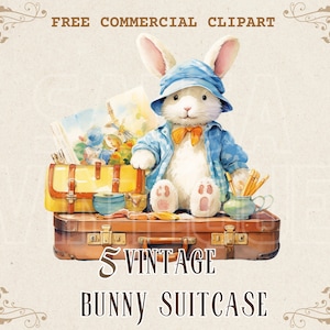 Vintage bunny toy on suitcase watercolor clipart set, Retro Luggage free commercial PNG bundle, antique travel case illustration