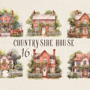Vintage platteland rode bakstenen huis aquarel clipart, Engelse plattelandsretraite, huisje gratis commerciële PNG illustratie
