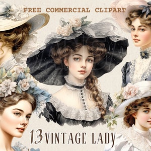 Vintage lady and floral hat watercolor clipart, Vintage woman Portrait free commercial PNG, Victorian lady illustration, ephemera art