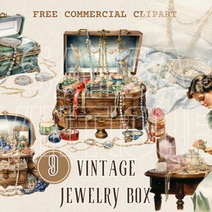 Caixa de joias vintage clipart em aquarela de tesouro, armazenamento de joias retrô e feminino PNG comercial gratuito, baú de joias clássico, caixão de joias
