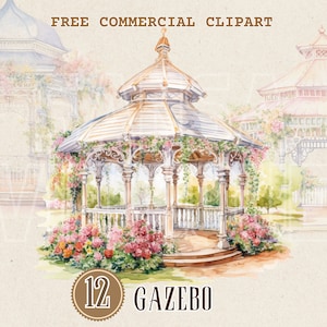 Puede incluir: Una ilustración de acuarela de un cenador blanco con un techo de madera y una valla blanca de madera. El cenador está rodeado de flores rosas y vegetación. El texto "12 GAZEBO" está impreso en marrón sobre un círculo dorado.