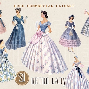 1950 年代の女性のファッションの水彩画のクリップアート、レトロな女性のファッションの無料商用 PNG セット、50 年代のパーティー ドレスのイラスト、ドレスを着たヴィンテージの女性