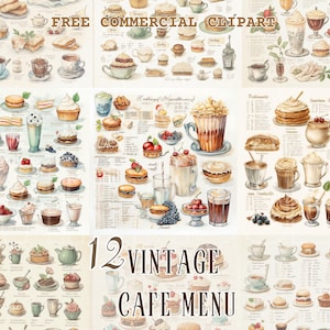 Café-Menü-Aquarell-Clipart-Set, Retro-Kaffeemenü kostenlose kommerzielle, Getränke- und Dessertkunst-Illustration, kulinarische Menügrafik
