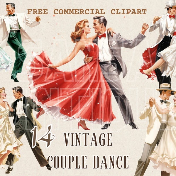 Vintage couple dance watercolor clipart, Retro romance free commercial PNG set, Dance Illustration, Romantic couple ballroom art