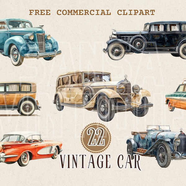 Vintage car watercolor clipart, 1950s convertible, 1920s roadster, 1940s sedan, 1960s wagon, 1930s limousine, 1950s coupe illustration