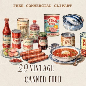Retro canned food watercolor clipart set, Vintage food free commercial PNG, Nostalgic Canned Product illustration, Processed Food Graphic