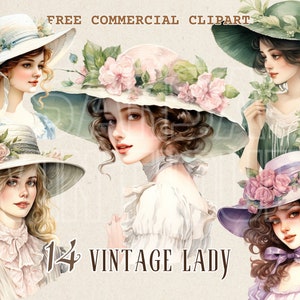 Vintage floral lady watercolor clipart, Retro woman and flower hat free commercial PNG set, lady and floral hat illustration for journal