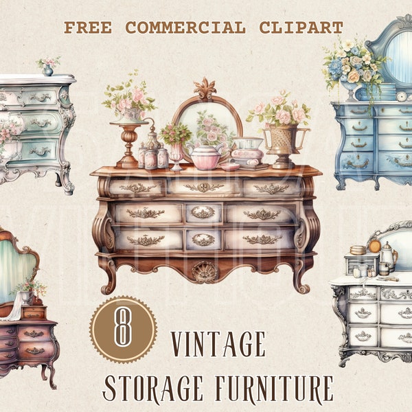 Vintage Drawer watercolor clipart bundle, Retro vanity table free commercial PNG, Vintage cupboard illustration, classic storage graphic