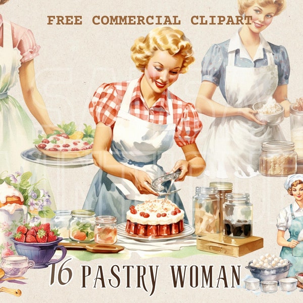 Retro pastry lady watercolor clipart set, Vintage woman baking free commercial PNG bundle Nostalgic Culinary Art illustration