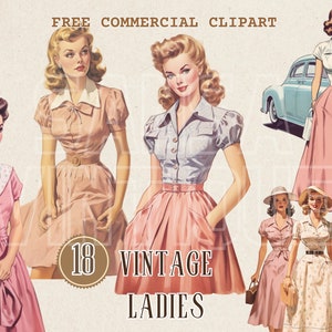 Jaren 1950 mode vrouw aquarel clipart, Retro mode dame gratis commerciële PNG set, jaren '50 fashionista illustratie, Stijlvol Vintage meisje