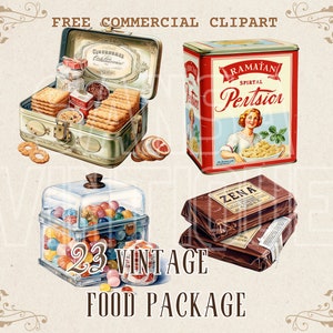 以下が含まれることがあります： ヴィンテージな食品パッケージのイラスト。"RAMATÁN SPIRTAL PertsioR"と書かれた金属製の缶、クラッカーでいっぱいの金属製の箱、カラフルなキャンディーでいっぱいのガラス瓶、そして"ZENA"と書かれた2つの茶色のパッケージが含まれています。