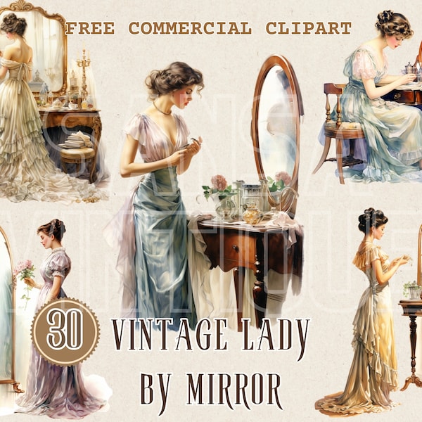 Vintage romantic lady by mirror watercolor clipart, Classic Lady in Front of Mirror free commercial PNG set, Retro Lady Posing by Mirror Art