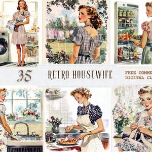 Vintage housewife 1950s watercolor clipart, Retro homemaker free commercial JPG set, Cleaning lady, vintage home, laundry, sewing graphic