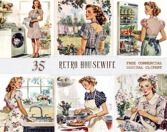 Vintage housewife 1950s watercolor clipart, Retro homemaker free commercial JPG set, Cleaning lady, vintage home, laundry, sewing graphic