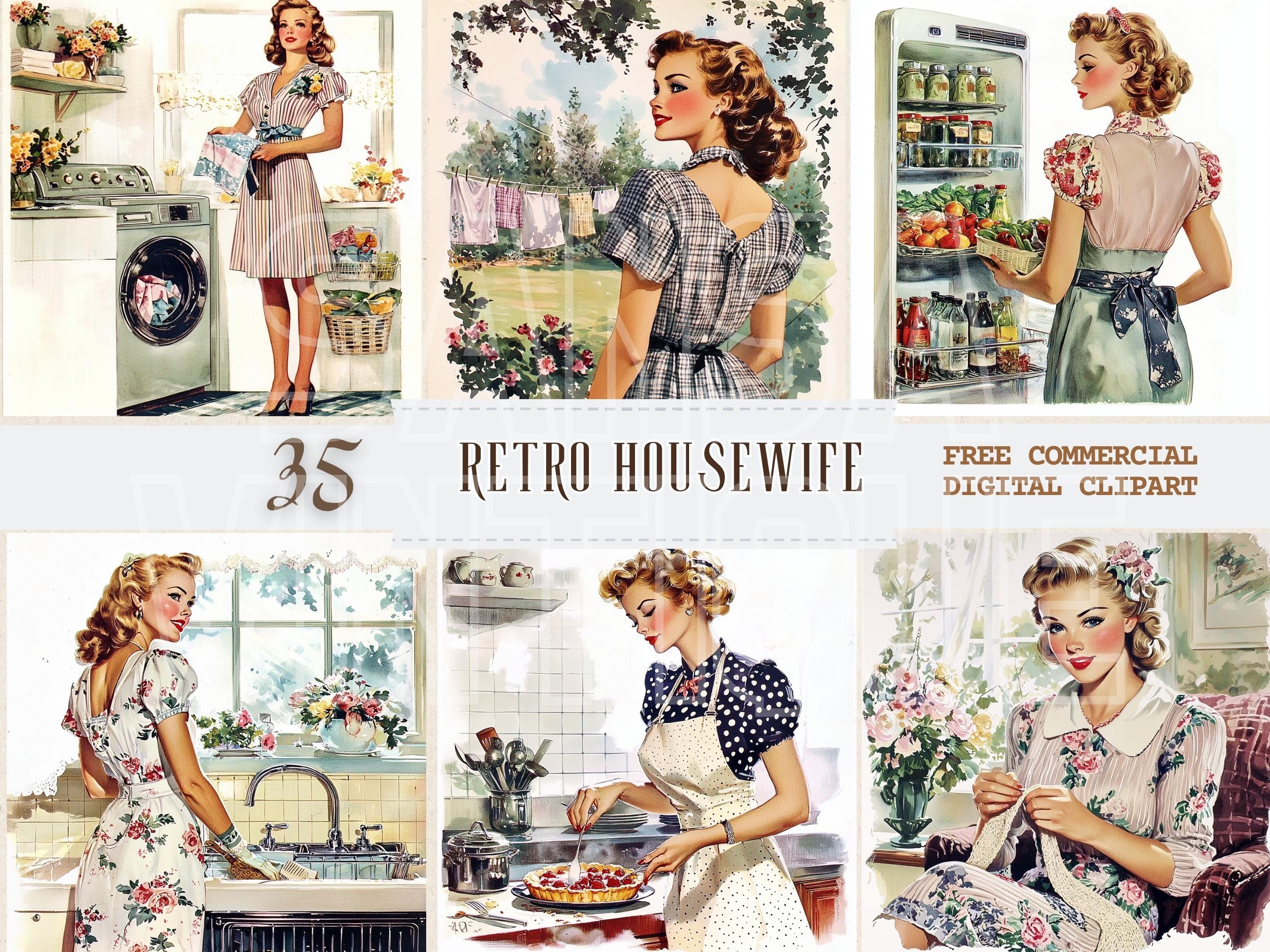 Vintage Housewife 1950s Watercolor Clipart, Retro Homemaker Free ...