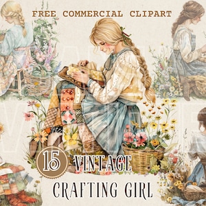 ビンテージ裁縫少女の水彩画クリップアート、花のクラフト少女の無料商用PNGセット、女性のバックビューグラフィック、クラフトシーンのイラスト
