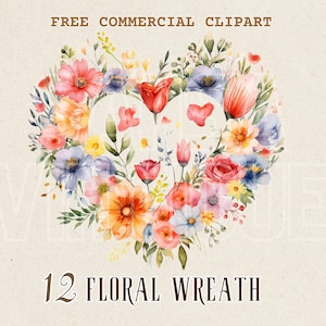 Clipart de aquarela de guirlanda floral, PNG comercial gratuito em formato de coração, ilustração de romance, gráfico de amor para diário, gráfico botânico