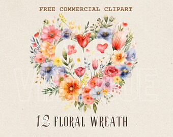 Floral wreath watercolor clipart, Heart-Shaped free commercial PNG, Romance illustration, Love graphic for journal, Botanical Graphic