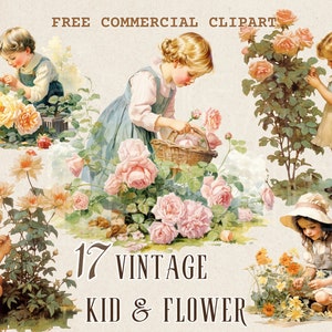 Clipart vintage de aquarela infantil e flor, crianças retrô no jardim conjunto PNG comercial gratuito, ilustração clássica de menina, menino e rosa
