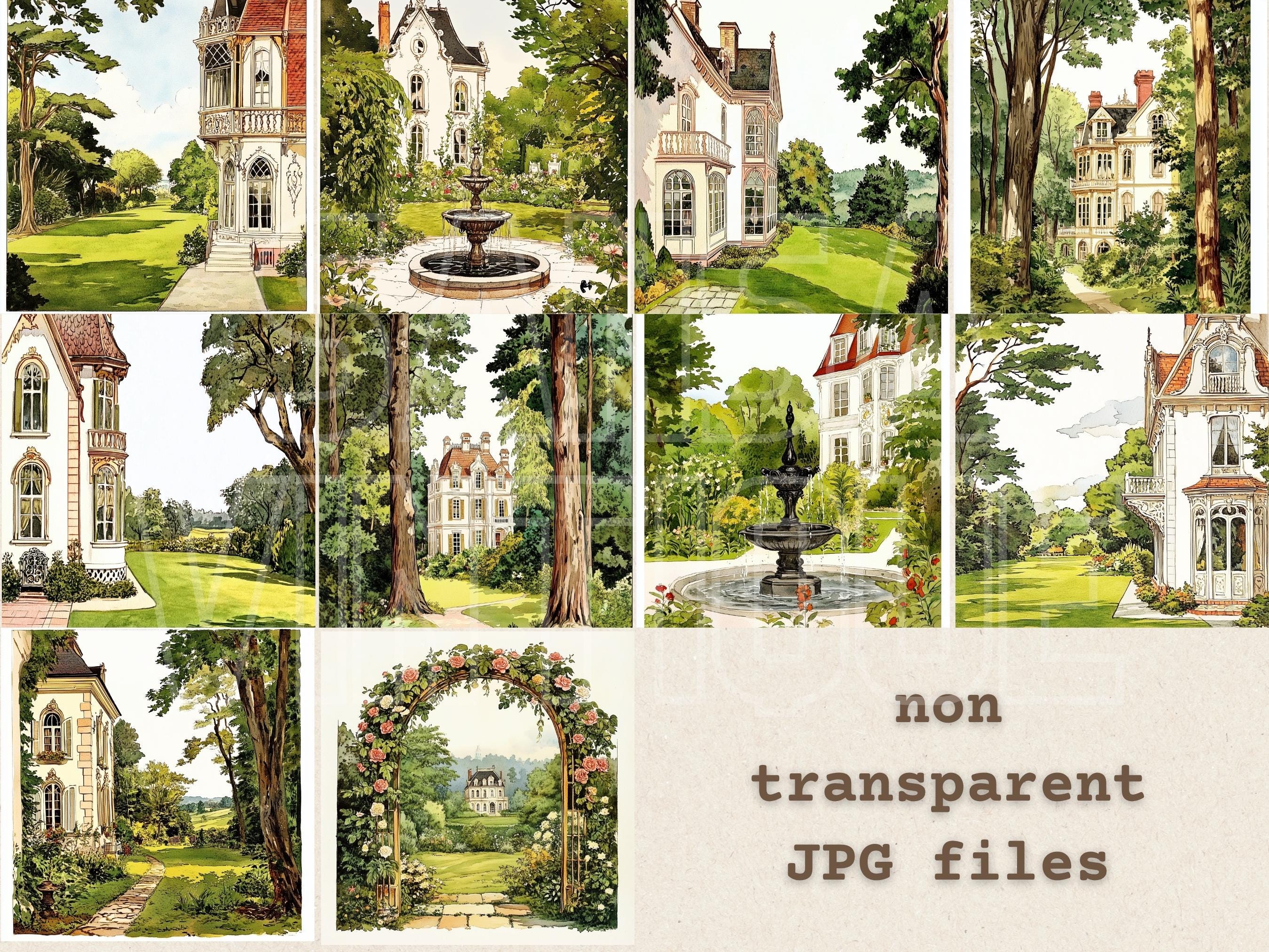 Vintage Mansion Watercolor Clipart Bundle, Victorian House and Garden ...