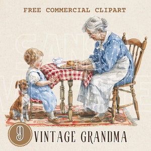 Vintage avó e neto na cozinha aquarela clipart, avó e neto momento comercial gratuito PNG, neto, velha