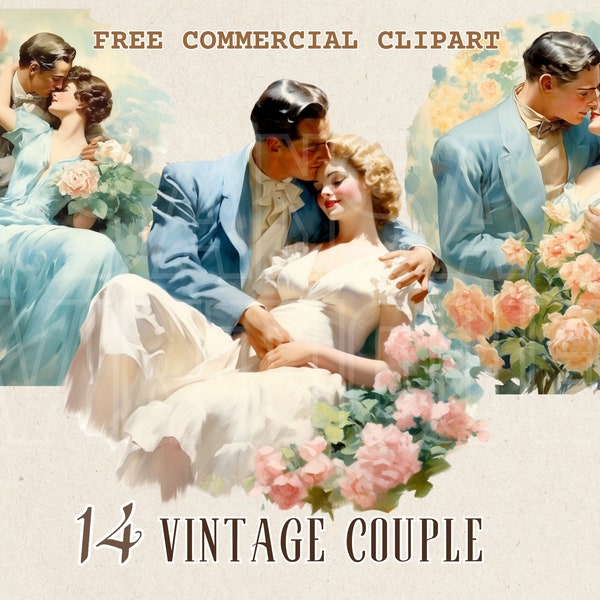 Vintage floral couple watercolor clipart, Retro romance free commercial PNG set, Nostalgic romantic couple illustration, Timeless Love Story
