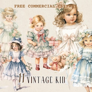 Vintage kid watercolor clipart, Victorian young girl free commercial PNG Retro children illustration for scrapbooking, ephemera art
