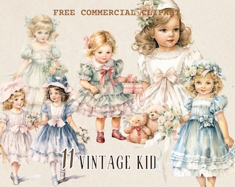 Vintage kid watercolor clipart, Victorian young girl free commercial PNG Retro children illustration for scrapbooking, ephemera art