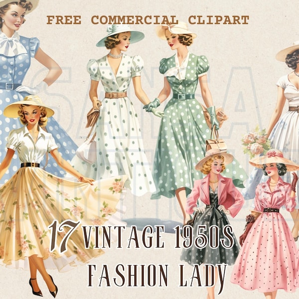 1950s lady wearing polka dot clothes watercolor clipart, Retro fashion lady free commercial PNG set, 50s fashionista illustration
