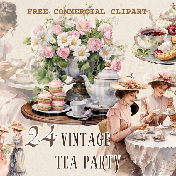 Vintage tea party watercolor clipart, Retro tea set free commercial PNG set, vintage lady drink tea, classic lady group, tea time graphic