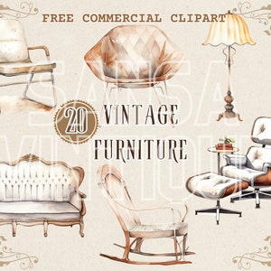 Puede incluir: Un conjunto de 20 ilustraciones de muebles vintage en estilo acuarela. El conjunto incluye una mecedora, un sofá, una silla, una lámpara y un sillón con un reposapiés. Las ilustraciones están en tonos de marrón, blanco y beige.