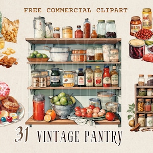 Retro pantry shelf watercolor clipart set, Vintage food Storage free commercial PNG, classical kitchen, spice rack illustration, retro food