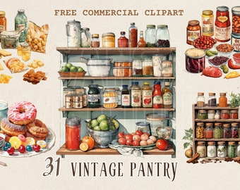 Retro pantry shelf watercolor clipart set, Vintage food Storage free commercial PNG, classical kitchen, spice rack illustration, retro food