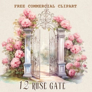Vintage Rosentor Aquarell Clipart, Retro Garten kostenlos kommerzielle PNG-Set, florale Eintrag Illustration, klassische romantische botanische Grafik