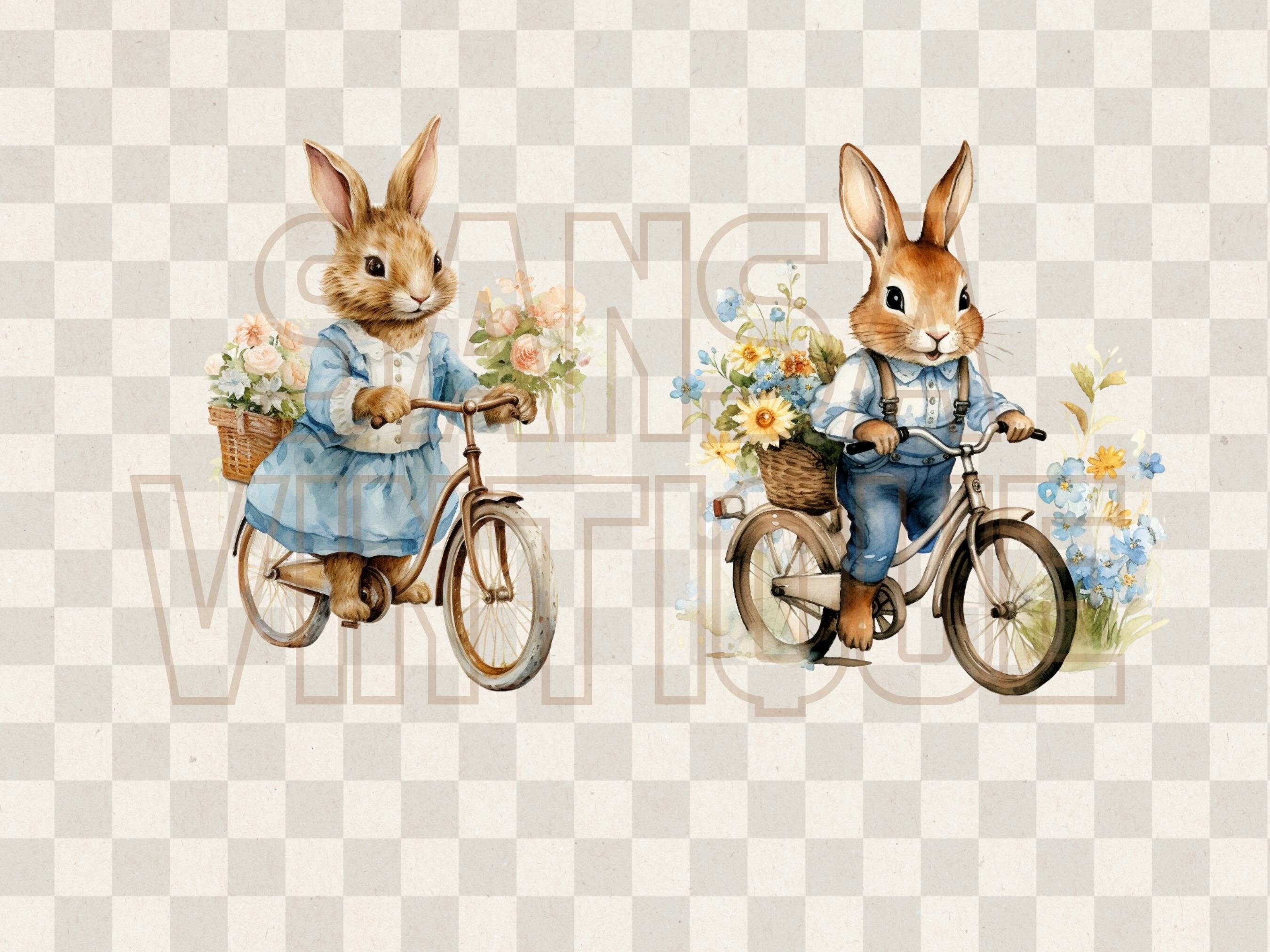 Classic Rabbit Picture Retro Rabbit on Bicycle Watercolor Clipart, Classic Bunny Riding Bike ...