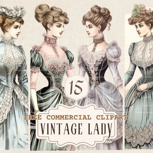 Vintage lady watercolor clipart, Victorian woman free commercial PNG set, retro woman illustration for junk journal, ephemera collection